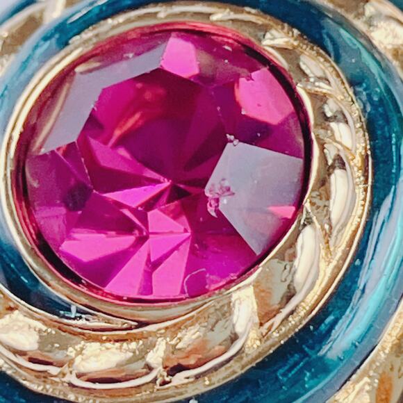 VTG Signed Swarovski Crystal Dome Stud Earrings 80s 90s Teal Enamel Fuchsia - Picture 7 of 14